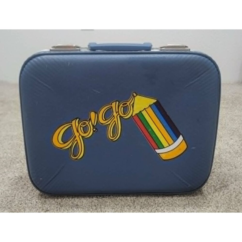 Vintage Blue Go Go Child's Suitcase Hardside Going to Grandmas Rainbow Pencil
